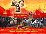 Revolutionary propaganda poster from the Movimiento Popular Peru, one of the external factions of the Partido Comunista de Peru en el Sendero Luminoso de Jose Carlos Mariategui, better known as The Shining Path (Sendero Luminoso). The poster is a complicated montage of images: Front and center under the banner of Maoism, a demonstration of indigenous people burn the American flag and demand the implementation of Maoist policies. Above in the sky is the triumvirate of Marx, Lenin, and Mao, joined by Guzman, the Shining Path leader imprisoned by the Peruvian government in 1992.