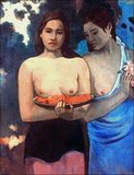 Two Tahitian Women is an 1899 painting by Paul Gauguin. The painting depicts two topless women, one holding mango blossoms, on the Pacific Island of Tahiti. Currently, the painting is housed at the National Gallery of Art, on loan from the Metropolitan Museum of Art in New York.<br/><br/>

Paul Gauguin was born in Paris in 1848 and spent some of his childhood in Peru. He worked as a stockbroker with little success, and suffered from bouts of severe depression. He also painted. In 1891, Gauguin, frustrated by lack of recognition at home and financially destitute, sailed to the tropics to escape European civilization and 'everything that is artificial and conventional'. His time there, particularly in Tahiti and the Marquesas Islands, was the subject of much interest both then and in modern times due to his alleged sexual exploits. He was known to have had trysts with several  native girls, some of whom appear as subjects of his paintings. Gauguin died on 8 May 1903 and is buried in Calvary Cemetery (Cimetière Calvaire), Atuona, Hiva ‘Oa, Marquesas Islands, French Polynesia.