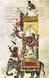 A painting on paper in color and gold leaf from al-Jazari's ' Kitab fi marifat al-hiyal al-handasiyya' (The Book of Knowledge of Ingenious Mechanical Devices). The various elements that comprise this water-powered clock move and make a sound every half hour.<br/><br/>

Abū al-'Iz Ibn Ismā'īl ibn al-Razāz al-Jazarī (1136–1206) was a polymath: a scholar, inventor, mechanical engineer, craftsman, artist, mathematician and astronomer from Al-Jazira, Mesopotamia, who worked in service of the Artuqid dynasty in Diyarbakır, Asia Minor. He is best known for writing the Kitáb fí ma'rifat al-hiyal al-handasiyya (Book of Knowledge of Ingenious Mechanical Devices) in 1206, where he described fifty mechanical devices along with instructions on how to construct them.
