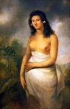 A three-quarter-length portrait of Poedua (or Poetua, the usual modern spelling), the 19-year-old daughter of Orio, chief of the Haamanino district of Raiatea (Ulietea), one of the Society Islands neighbouring Tahiti.<br/><br/>

Standing a little to the left, she is shown with her head slightly inclined, looking out of the picture to meet the gaze of the viewer. She wears a white drape of tapa cloth beneath her bare breasts and long black hair cascades over her shoulders. Cape jasmine blossom is positioned in her hair at her ears. Her right arm falls by her side and she holds a fly whisk in her right hand. Her left arm rests across her hips. Her arms and hands are covered with small tattoos. She is shown against an imaginary tropical background of sky and distant mountains with a plantain tree positioned on the left.<br/><br/>

The portrait resulted from Captain Cook's third voyage 1776-80 and was one of the earliest images of a Polynesian woman produced by a European painter for a western audience.