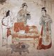 China: Three women preparing tea in a mural in the tomb of Zhang Shigu, Xuanhua, Hebei, Liao Dynasty (1093-1117).